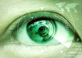 Close up women eye scanning technology in the futuristic, operation photo