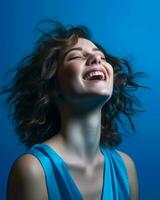 a woman laughing with her hair blowing in the wind generative ai photo