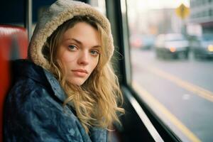 a woman wearing a hooded jacket sitting on a bus generative ai photo