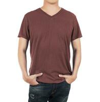 Close up of man in front  red brown shirt on white background. photo