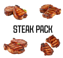 Grill Beef Pork Chops steaks set, realistic 3d brisket flying in the air, grilled meat collection, ultra realistic, icon, detailed, angle view food photo, steak composition png