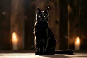 a black cat is sitting in front of candles generative AI photo