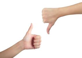 Young man his hand like with unlike thumb up isolated white background. photo