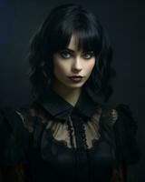 retrato de un hermosa joven mujer con negro pelo y oscuro ojos en un oscuro antecedentes generativo ai foto