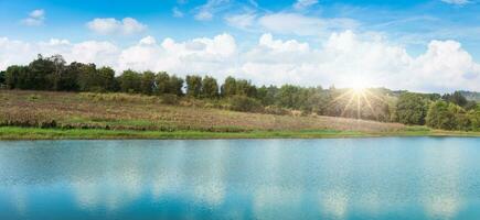 Panorama of lake landscape sunlight in summer. photo