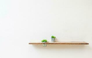 Wooden shelf on white wall with green plant. photo