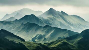 an image of a mountain range with green grass and trees generative AI photo