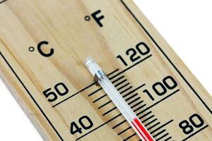 Close-up wooden thermometer scale isolated white background. photo