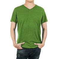 Close up of man in front  green shirt on white background. photo