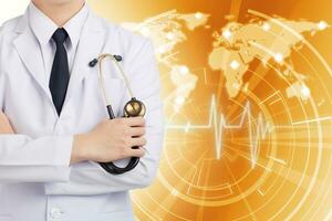 Doctor man posting and holding stethoscope on global network gold background. photo