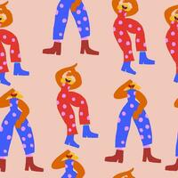 Vector seamless pattern with dancing disco people wearing colorful clothes, 80s vintage style pattern. Retro party background