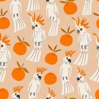 Parrots and oranges pattern on beige background. Tropical pattern. vector