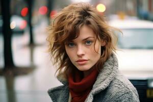 a woman with blue eyes standing in front of a car generative ai photo