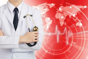 Doctor man posting and holding stethoscope on global network red background. photo