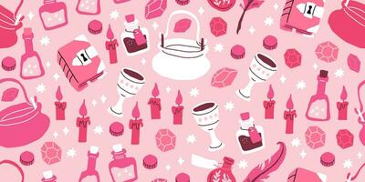 Pink Halloween pattern with stars, magic witch hat, cauldron, potion bottles, candles, treasures, book of spells vector