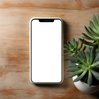 Empty Phone Screen Mockup with Tabletop Plant Aesthetic Balance, ai generated png