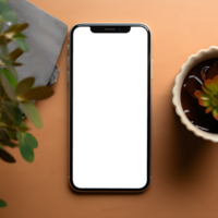 apparaat scherm mockup Aan tafel met plant, ai gegenereerd png