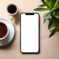 leeren Bildschirm Handy, Mobiltelefon App Attrappe, Lehrmodell, Simulation auf Tisch, ai generiert png