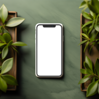 versierd smartphone scherm mockup Aan tafel zichtbaar elegantie, ai gegenereerd png