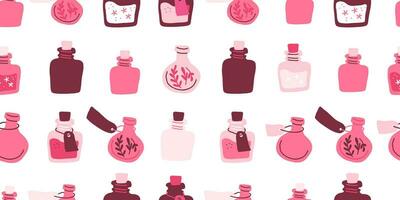 Pink pattern with potion bottles. Witch pattern in hand drawn style, suitable for pink Halloween party, valentines day vector