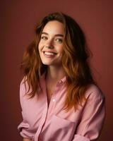 retrato de un hermosa joven mujer con rojo pelo y un rosado camisa generativo ai foto