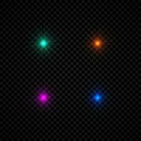 Light effect of lens flares. Set of four green, orange, purple and blue glowing lights starburst effects with sparkles on a dark vector