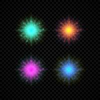 Light effect of lens flares. Set of four green, orange, purple and blue glowing lights starburst effects with sparkles on a dark vector