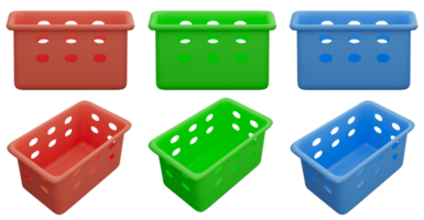 3D rendering of laundry plastic basket, low basket in front and top view png