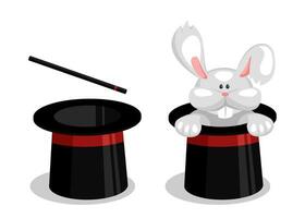 Cartoon rabbit in magician hat vector illustration. Magic trick show white bunny from cap.