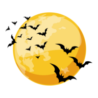tecknad serie orange natt måne och fladdermöss. halloween affisch, hälsning kort, vykort. illustration i tecknad serie stil png