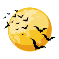 Cartoon orange night moon and bats. Halloween poster, greeting card, postcard. Illustration in cartoon style png