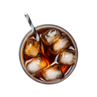Cola with ice cubes in glass top view png