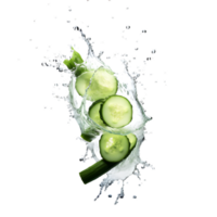 Sliced cucumber splashing water isolated on transparent background. png