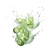 Sliced cucumber splashing water isolated on transparent background. png