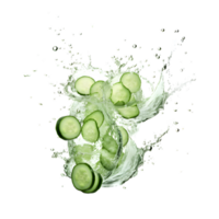 Sliced cucumber splashing water isolated on transparent background. png