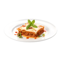 Tasty hot Lasagna served with a basil leaf on white plate png
