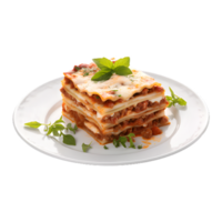 Tasty hot Lasagna served with a basil leaf on white plate png