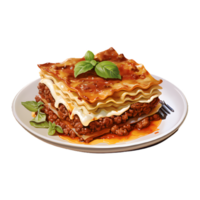 Tasty hot Lasagna served with a basil leaf on white plate png