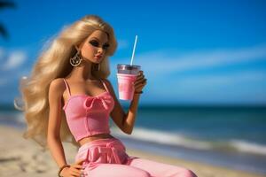 a barbie doll sitting on the beach with a drink photo