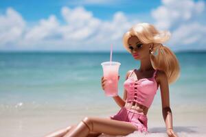 a barbie doll sitting on the beach with a drink photo