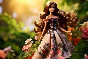 Barbie muñeca en un floral vestir en pie en el césped foto