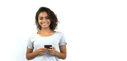 a woman is smiling while holding a cell phone photo