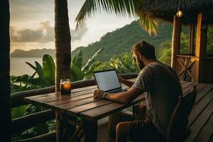 a man sitting at a table with a laptop photo