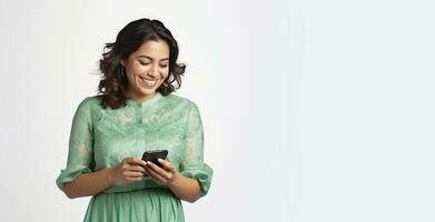 un mujer en un verde vestir es sonriente mientras utilizando su teléfono foto