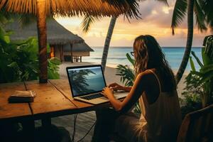 a woman sitting at a table with a laptop and a beach photo