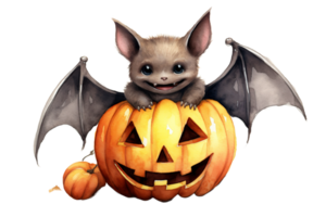 Watercolor Halloween Bat on Pumpkin PNG