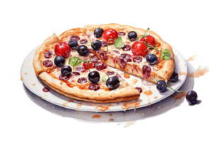 watercolor painting of pizza with cherry tomatoes and blueberries png