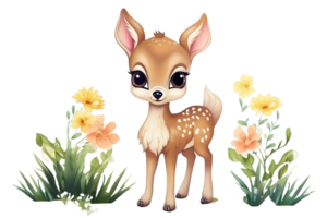 a cute watercolor  deer with flowers on a transparent background png