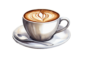 watercolor cup of coffee with a spoon and saucer on a transparent  background png