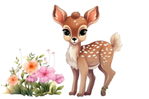 a cute watercolor  deer with flowers on a transparent background png